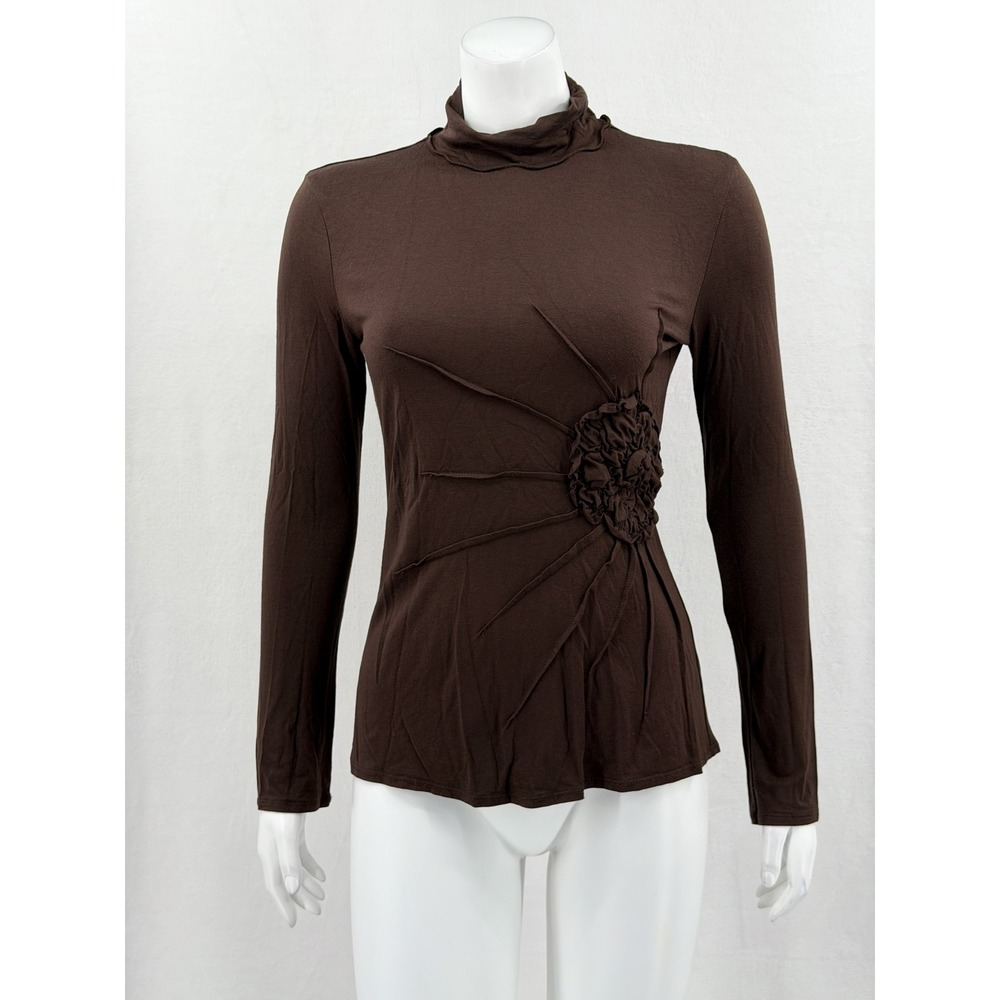 Max Edition Top Womens Small Brown Ruched Flower Office Stretch Neutral Artsy